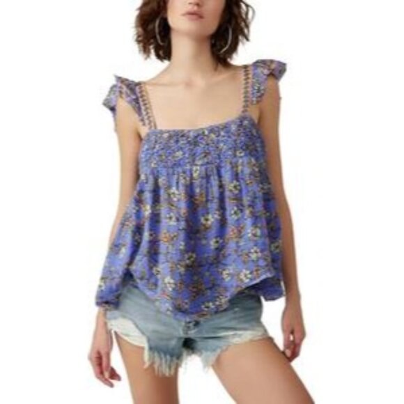 Free People Womens Boho Floral Smocked Top With Ruffled Straps - Size XL - Picture 1 of 6